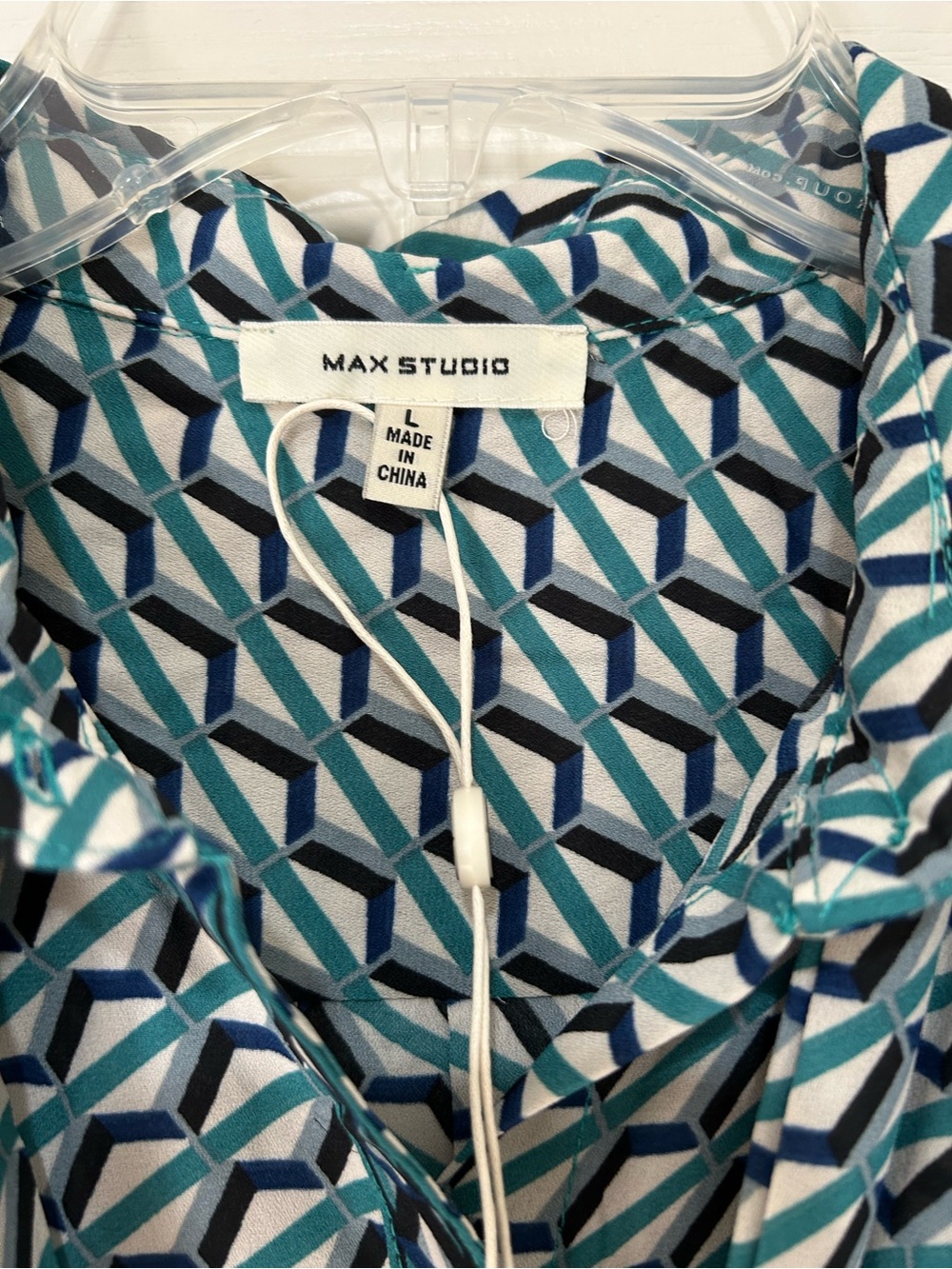 Max Studio Teal, Navy and White Geometric Tie-Neck Button-Down Blouse Top - NWT - Picture 2 of 14